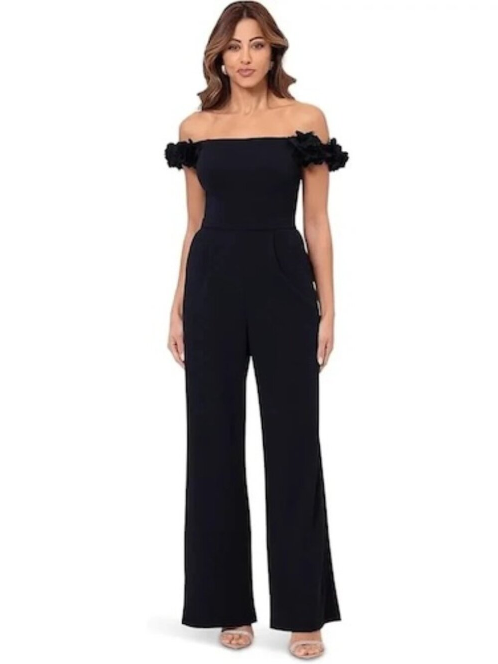 Xscape Black Floral Off The Shoulder Scuba Crepe Jumpsuit